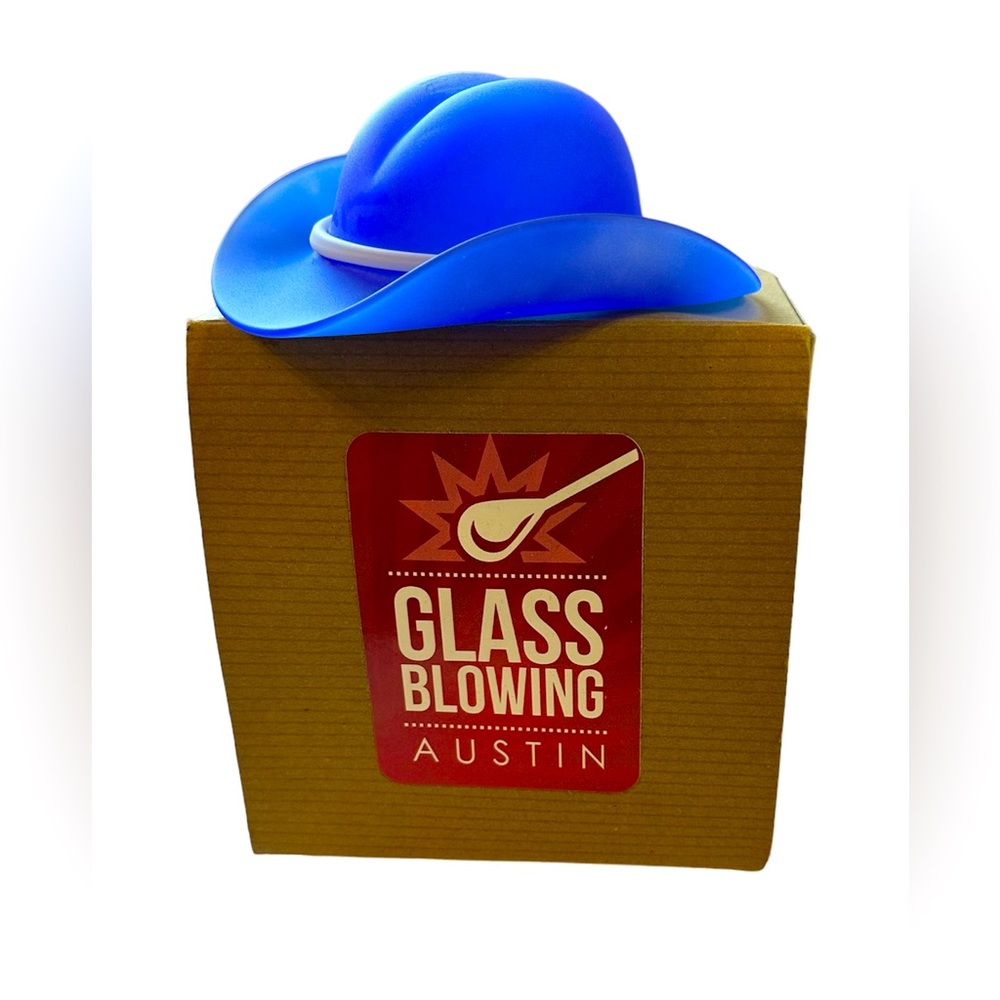 Austin glass blowing cobalt blue blown glass, cowboy hat